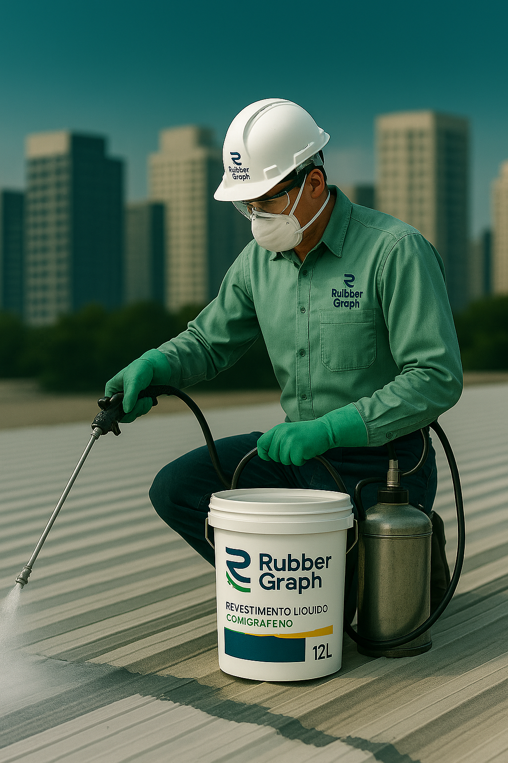 Profissional aplicando RubberGraph em telhado industrial